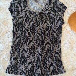 Suzi Couture Black Lace Print Short Sleeve Top Size L